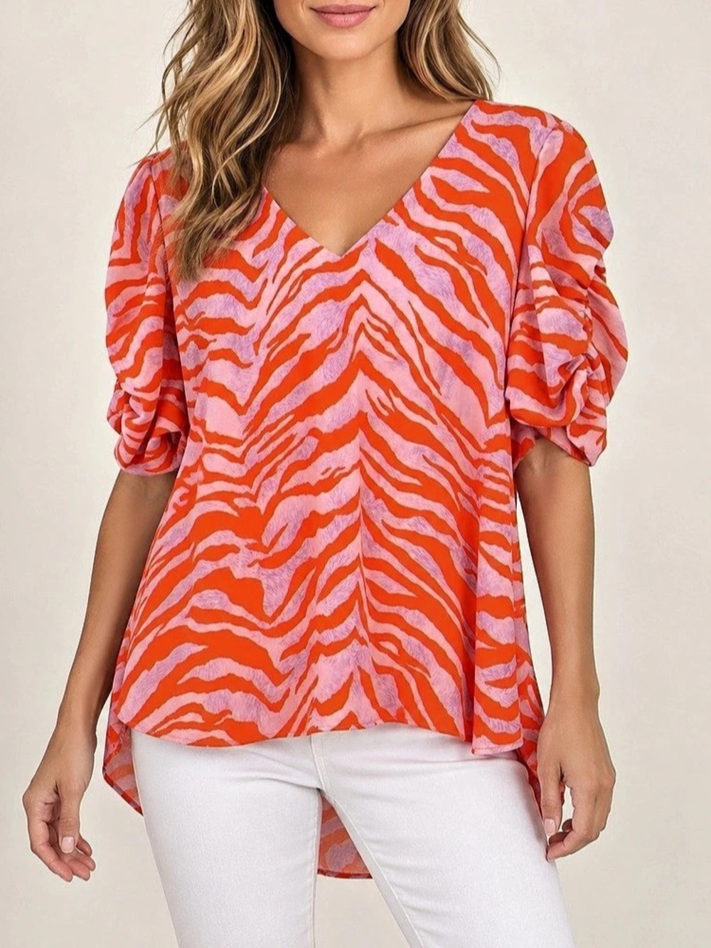 Adrienne Animal Print Puff Sleeve Blouse in Orange & Pink Size Small